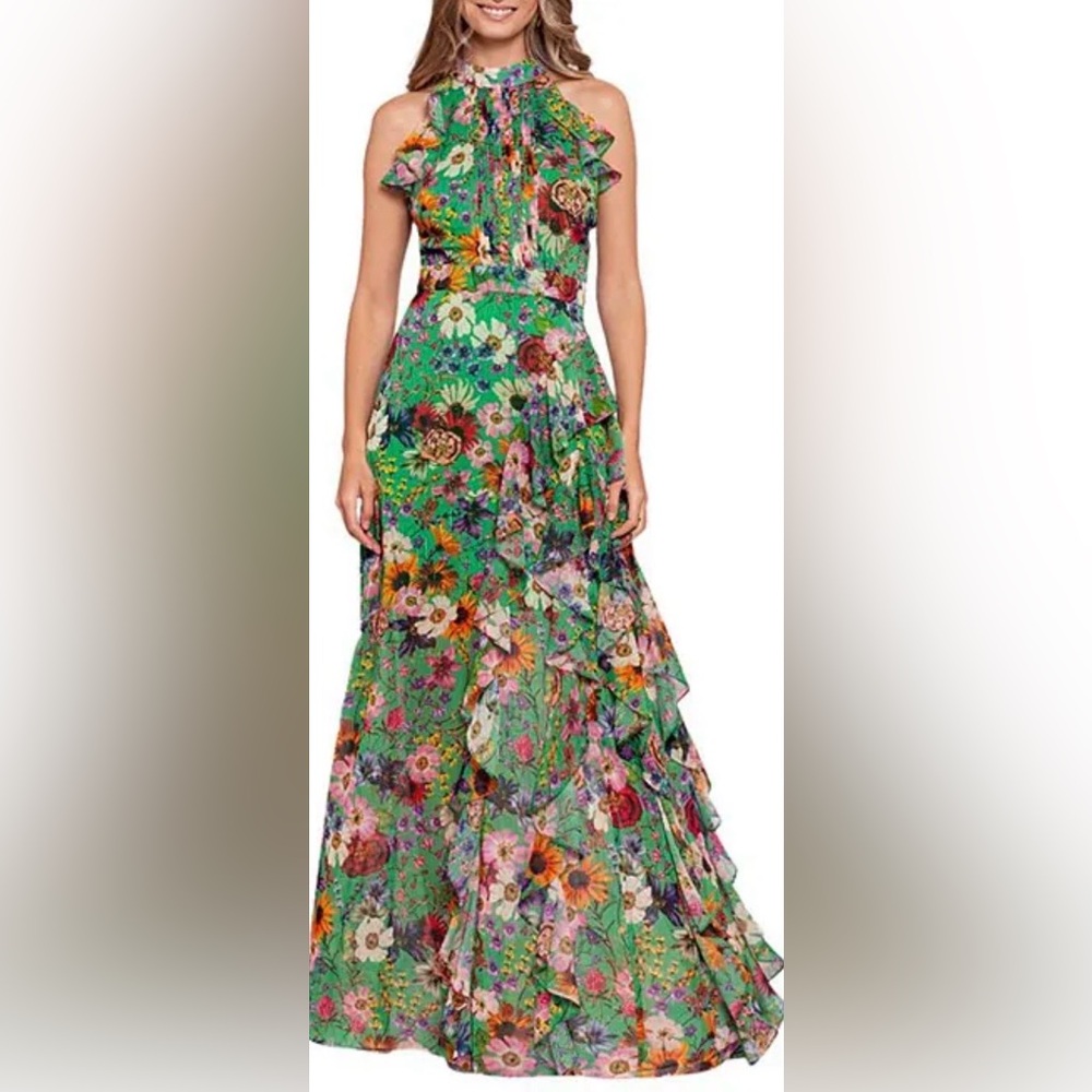 Betsy & Adam Green Floral Halter Maxi Dress